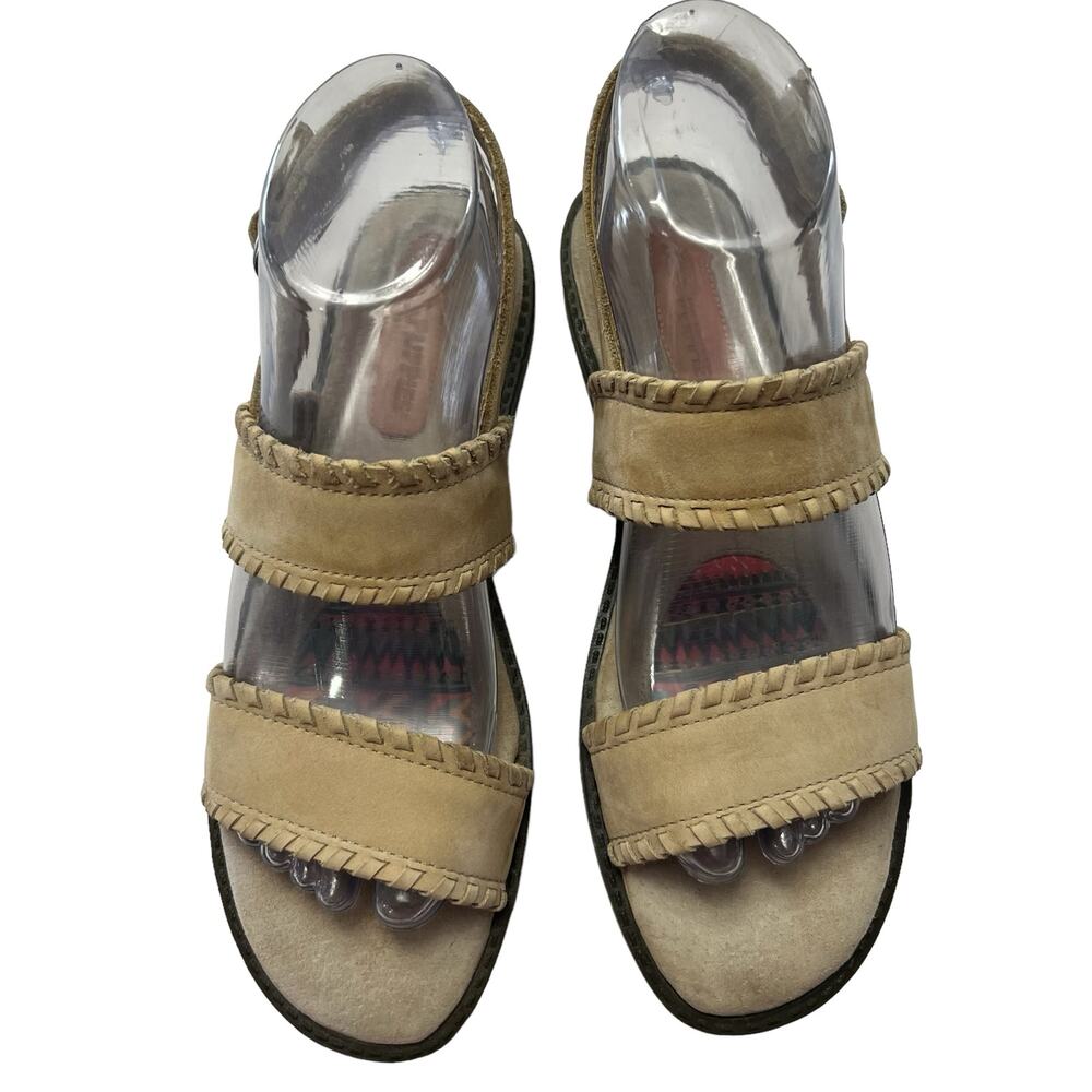 Hush Puppy Womens Size 8.5 Sandals Leather Suede Sling Back Tan Braided Trim